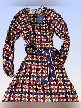 Cartolina, Multicolor Geometric Floral Belted Dress - Burgundy, Blue, Gold